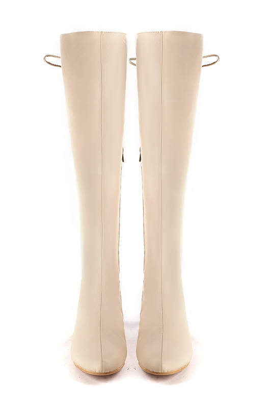 Champagne white women's knee-high boots, with laces at the back. Round toe. Flat leather soles. Made to measure. Top view - Florence KOOIJMAN